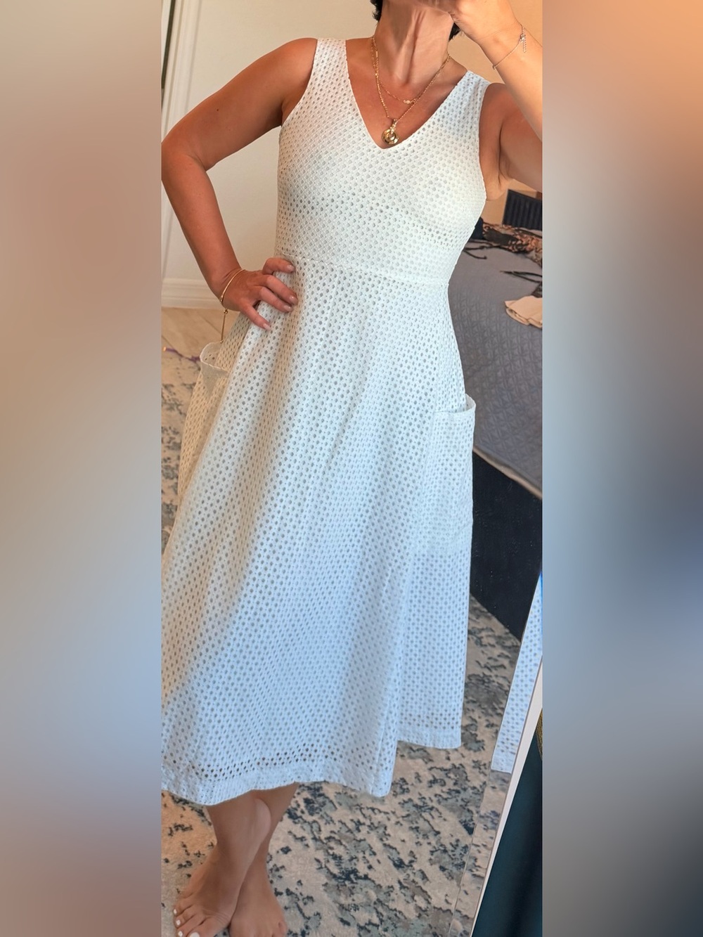 Banana Republic White Eyelet V-Neck Midi Dress with Pockets